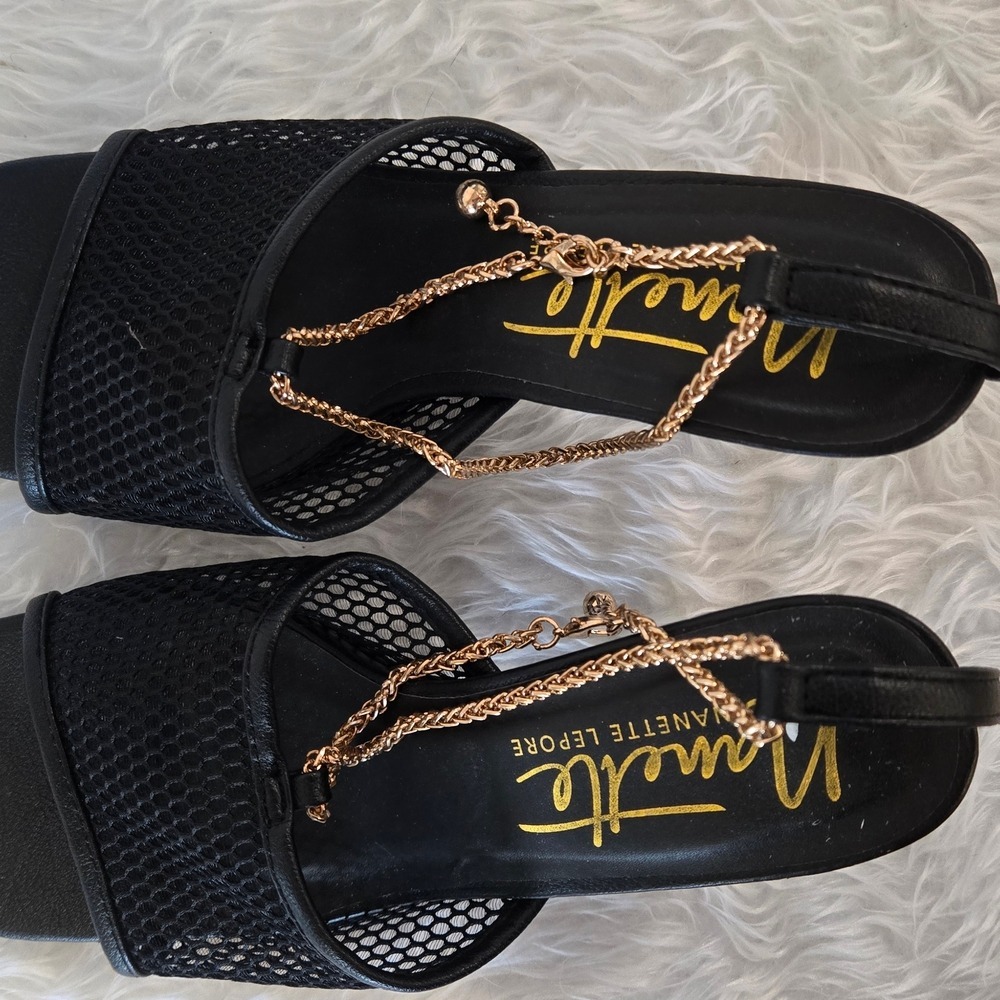 Nanette Lepore Black Mesh Gold Chain Anklet Square Toe Stiletto Heels NL200801